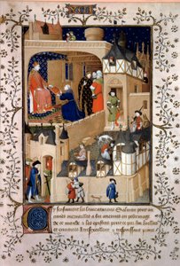 A politikai kalandor, a gyümölcsösebb Péter dit Salmon felajánlja kéziratát VI. Károly királynak (1368-1422). Miniatűr Pierre Salmon „Answers a Charles VI et Lamentations” című művéből, a Maitre de Boucicaut műhelyében megvilágítva (15. század) 1409 P