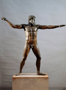 Görög művészet: az Artemision-fok istenének nevezett bronzszobor, amelyet Kalamis szobrászművésznek tulajdonítottak (Kr. e. 5. század), ie 460, Dim. 209 cm - Athénész, Nemzeti Régészeti Múzeum (l. 15161) - Görög civilizáció: Zeusz vagy P szobra (gyakran a  alkotó: (attr. to) Kalamis