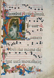 Megvilágított kezdőbetűje Szent Romualdo alakjával (Chorale 8, 76 körül), a Santa Maria degli Angeli 8. kóruskönyvéhez