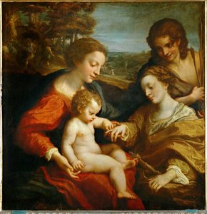 Alexandriai Szent Katalin misztikus házassága a gyermek Jézussal és Szent Sebestyén ... alkotó: (c.1489-1534) Correggio