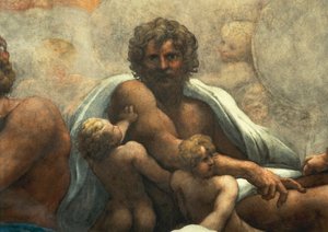 Szent János evangélista látomása Patmoszon, Krisztus mennybemenetele az apostolok között, avagy Krisztus dicsőségben Antonio Allegri, Correggio néven (1489-kb. 1534), freskó, 966x888 cm átmérőjű aljzat, részlet, Szent János evangélista templom, kupola, Par
