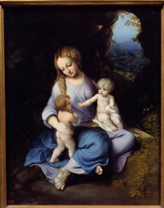 Antonio Allegri Szűz, Jézus és Szent János gyermek festménye (Correggio vagy Correge néven 1489-1534) 16. századi Madrid, Prado Múzeum