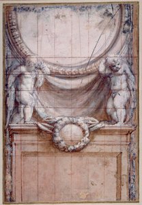Két putti egy üres medaliont támasztva (piros kréta fehérrel kiemelve a papíron) alkotó: (c.1489 1534) Correggio