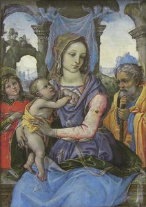 Madonna és gyermek Szent Józseffel és egy angyallal, 1490 körül (tempera, vászon, fából átvéve) alkotó: 1476 1524 Capponi