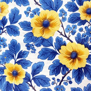 Kék és sárga virágos blokkminta a modern Wall Art nyomatokhoz alkotó: F. Abderrahim