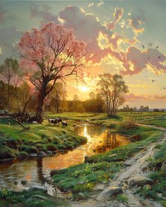 Gyönyörű tájkép naplementében, vászon a fali dekorációhoz Modern tájkép alkotó: F. Abderrahim