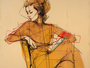 Divat Illustartion  rajz egy nő ül, Portré elegáns barna ruha, művészeti nyomatok alkotó: F. Abderrahim