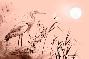 Tinta rajz egy kócsag áll a sziklákon a víz mellett, fali dekoráció a hálószobában alkotó: F. Abderrahim