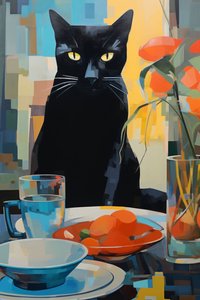 Festmény egy fekete macska vacsora egy tányér virágot, wall art nyomatok igény szerint alkotó: F. Abderrahim
