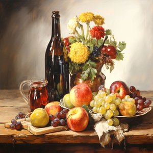 Csendélet festmény, virágok, gyümölcsök és bor, fal Home Decor nyomatok alkotó: F. Abderrahim