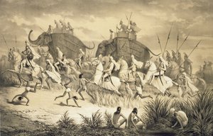 Szikh vezérek kavalkádja elefántokon, a „Voyage in India”-ból, Louis Henri de Rudder (1807-81) kocsmája metszetében. Londonban alkotó: A. (after) Soltykoff