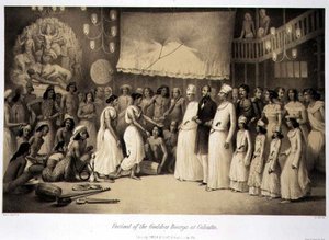 Dourga istennő fesztiválja Kalkuttában, a „Voyage in India” című filmből, Louis Henri de Rudder (1807-81) kocsmája metszetében. Londonban alkotó: A. (after) Soltykoff