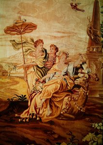 Ázsia, a világ négy sarkát ábrázoló kárpitról, egy figuracsoport részlete a közepén a teve mellett (194760-as részlet)