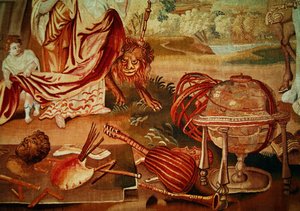 Európa, a világ négy sarkának kárpitjáról, a hangszerek részlete a jobb alsó sarokban, XVIII. század eleje