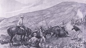 Szállítási nehézségek Barbertonnál: Hogyan kerültek fel a fegyverek és a kocsik a hegyekre, illusztráció az After Pretoria: The Guerilla War, 1902-ből
