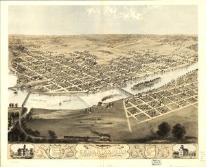Cedar Rapids és Kingston városának madártávlati képe, Linn Co., Iowa 1868. LOC 73693391 alkotó: A.; Chicago Lithographing Co. Ruger