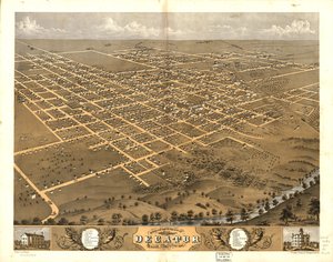 Decatur városának madártávlati képe, Macon Co., Illinois 1869. LOC 73693354