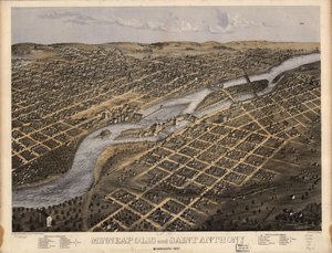 Minneapolis és Saint Anthony, Minnesota 1867. LOC 73693455 alkotó: A.; Chicago Lithographing Co. Ruger