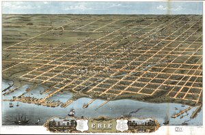 Madártávlatból Erie városa, Erie megye, Pennsylvania 1870. alkotó: A. Chicago Lithographing Co. Ruger and Stoner Ruger