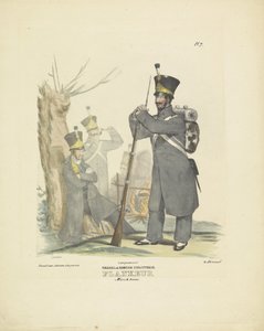 Oldalsó menetfelszerelésben, 1820-1825 holland gyalogság. Flankeur Marsch egyenruha (cím a tárgyon) A Holland Királyság katonai jelmezei. Őexcellenciájának, Willem van Bylandtnak szentelve (a sorozat címe a tárgyon)