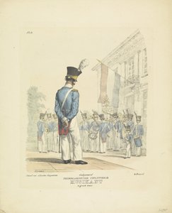 Zenész teljes egyenruhában Zenész teljes ruhában, 1820-1825 Nederlandsche Infanterie Musikant nagyszerű egyenruhában (cím a tárgyon) A Holland Királyság katonai jelmezei. Őexcellenciájának, Willem van Bylandtnak ajánlva (a sorozat címe az obj