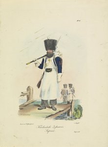 Sappeur, 1820-1825 holland gyalogság. sapeur (cím a tárgyon) A Holland Királyság katonai jelmezei. Őexcellenciájának, Willem van Bylandtnak szentelve (a sorozat címe a tárgyon)