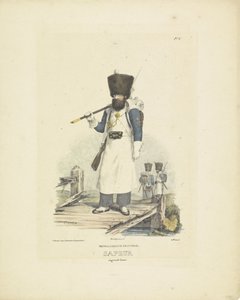Sappeur nagy egyenruhában, 1820-1825 holland gyalogság. Sapeur nagy ruhában (cím a tárgyon) A Holland Királyság katonai jelmezei. Őexcellenciájának, Willem van Bylandtnak szentelve (a sorozat címe a tárgyon)