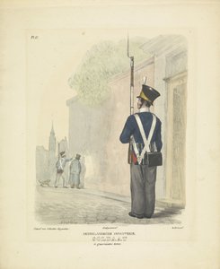 Katona helyőrségi ruhában, 1820-1825 holland gyalogság. Katona gerilla egyenruhában (cím a tárgyon) A Holland Királyság katonai jelmezei. Őexcellenciájának, Willem van Bylandtnak szentelve (a sorozat címe a tárgyon)