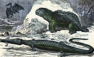 Őstörténet: egy teleoszaurusz (meghosszabbodó pofa) és egy hyleosaurus ábrázolása a jura időszakból” (Prehistory, Jurassic: teleosaurus and hylaeosaurus) Metszet a „természet és ember”-ből, Rengade 1881 Magángyűjtemény