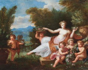 Tájképben fekvő flóra, virágot hozó putti. (olaj, vászon) alkotó: A. Diennen