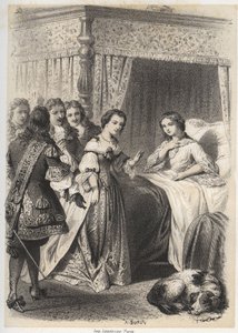 Madame Deshoulieres, Antoinette Ligier de La garde (1637-1694) a kísértettől való félelemmel töltött éjszaka után kérdésekkel borult el. A. Duruy metszete a „” Illustrations litteraires de la France-ban; vagy Galerie anekdotique de nos pr