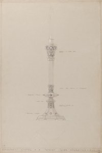Gyermekkápolna: javasolt ezüst gyertyatartó, valós méret (ceruza, tinta, ecset, wc és ezüst festék szürke kártyán) alkotó: A. Edward Jones and Co.
