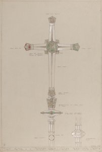 Főoltár: javasolt arany és ezüst körmeneti kereszt, tényleges méret (ceruza, tinta, ecset, wc, ezüst és arany festék a szürke kártyán) alkotó: A. Edward Jones and Co.