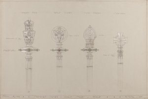 Főoltár: javasolt arany és ezüst dongák és buzogányok, tényleges méret (ceruza, tinta, ecset, wc és ezüst festék a szürke kártyán) alkotó: A. Edward Jones and Co.