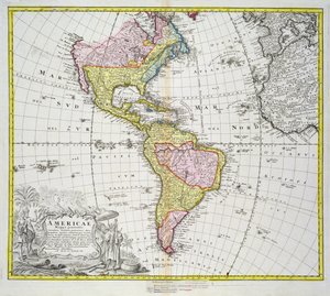 Amerika térképe, kiadó: Homann, 1746 (színes metszet)