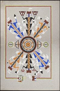 Rajzok, amelyek "Cadunce" egy chippewa indiai "orvos ember" temetkezési helyét ábrázolják, egy navahó homokfestmény és varjúkő festmények alkotó: A. Grossman