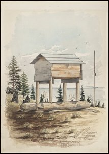 Rajzok, amelyek "Cadunce" egy chippewa indiai "orvos ember" temetkezési helyét ábrázolják, egy navahó homokfestmény és varjúkő festmények alkotó: A. Grossman