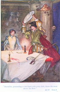 Petruchio úgy tett, mintha minden ételben hibát találna, a Tales from Shakespeare kocsmából a földre dobta a húst (a szelídítés). a Ward Lock & Co Ltd alkotó: A. Jackson