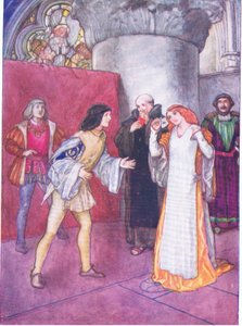 Az ismeretlen hölgy maszkját levéve nem unokahúgnak bizonyult (ahogy azt bemutatta) maga a hős hölgy (Much Ado About Nothing), a Tales from Shakespeare pubból. a Ward Lock & Co Ltd alkotó: A. Jackson