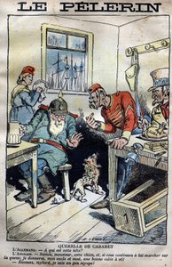 Cabaret Querelle: Karikatúra Anglia, Németország, Franciaország és az Egyesült Államok közötti gyarmati háborúról az afrikai fachodai helyzet körül. Lemot metszet a „” le Pelerin”-ben, 1899. április 23. (A fachodai válság: súlyos diplomáciai incidens