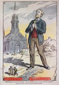 Karikatúra a „Le Pelerin” katolikus folyóiratból, utalva a francia kormánynak a huszadik század elején, 1902-2005 körüli politikára, amely a „Laicization” politikáját követte.