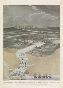 Brit expedíció Antwerpenbe, 1809 A nagy expedíció festői terve a nyugati Scheldten 1809 augusztusában, amely bemutatja Antwerpen megközelítésének nehézségeit (cím a tárgyon)