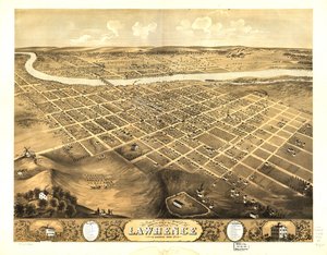 A kansasi Lawrence városának madártávlati képe 1869. LOC 73693409