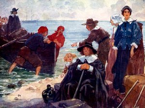Száműzöttek egy csapata kiköti kéregét New England vad partján, 1620, 1905. alkotó: A. S. Forrest