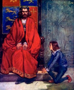 A kisfiú letérdelt a király előtt, és dadogta a történetet, 1120, 1905 alkotó: A. S. Forrest