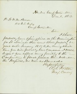 Levél aláírva A.S. Norton, parancsnok őrnagy, főosztály, Camp Yates, Illinois, W.M 1. hadnagyhoz. Breese, 16. amerikai gyalogság, Camp Gates, Ill., 1863. december 6 alkotó: A. S. Norton