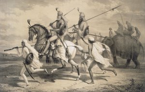 Vadászatra induló szikh törzsfőnökök, a „Voyages in India” kocsmából. Smith, Elder und Co., 1858
