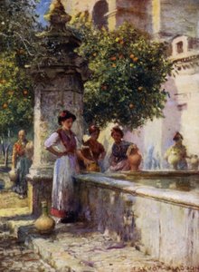 Cordova, szökőkút a narancsok udvarán (színes litó) alkotó: A. Trevor Haddon