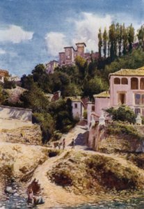 Az Alhambra, Torre de las Damas a Darro folyóból (színes litó) alkotó: A. Trevor Haddon