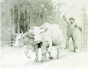 Egy francia paraszt, aki ökröket hajt (faszén papíron) alkotó: Abbott Handerson Thayer
